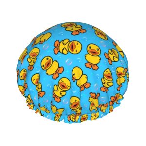 Yellow Rubber Duck Shower Cap For Women Adjustable Double Waterproof Layers Bathing Shower Hat Hair Protection Reusable Ladies Spa Salon Shower Hat