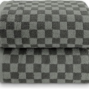 Pack of 2 Cotton Bath Towels (Grey Checkered), Ultral Soft Shower Towels Bathroom s Large Size 54” x 28”, Luxury Medium Thickness Comfort